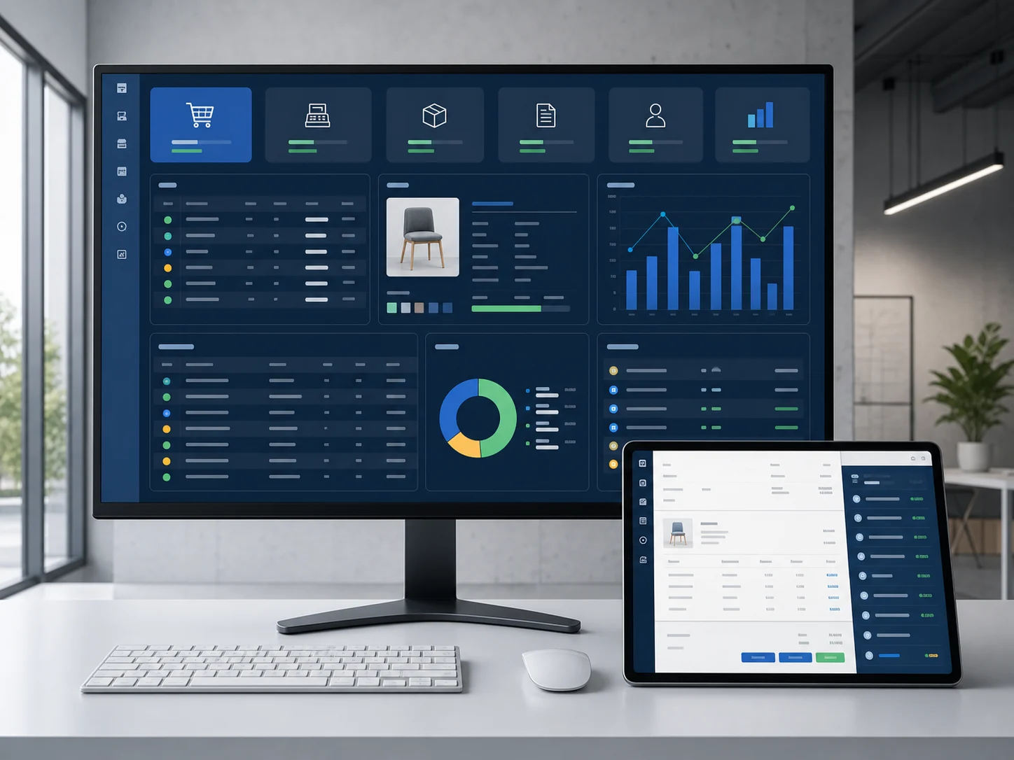 Business system interfaces for sales, stock, and reports