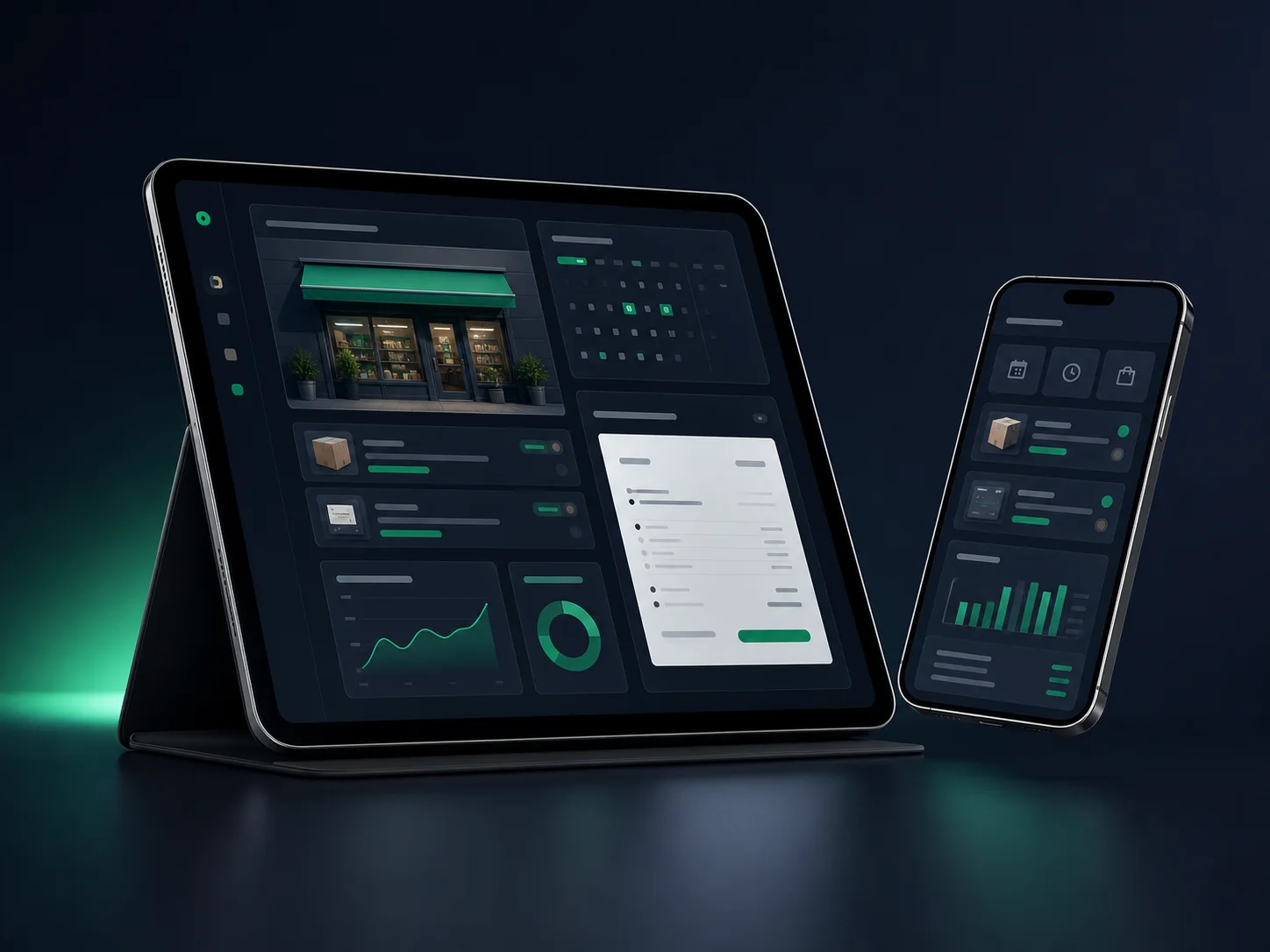 Business operating system shown on a tablet and phone